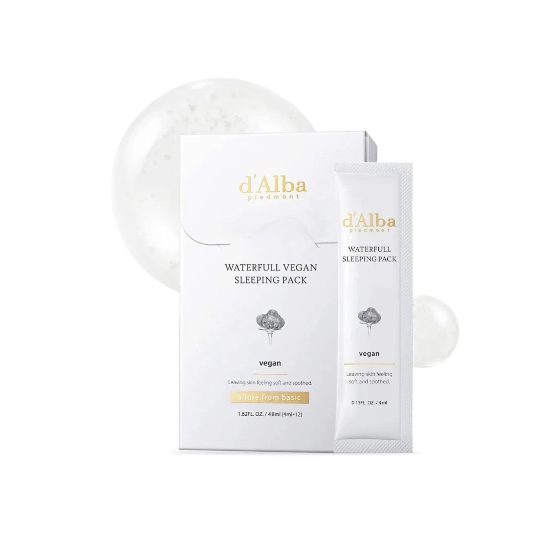 d'Alba Waterfull Vegan Sleeping Pack leave-on mask in a 12-piece set, featuring a hydrating and soothing skincare formula.
