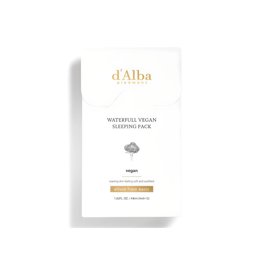 d'Alba Waterfull Vegan Sleeping Pack 12-piece set with leave-on masks, featuring hydrating, nourishing skincare in small jars.