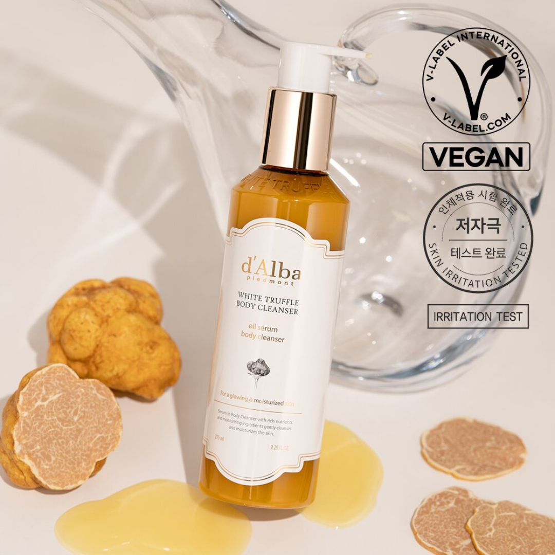 d'Alba White Truffle Oil Serum Body Cleanser 275ml, a luxurious body wash with truffle oil for nourishing skin.