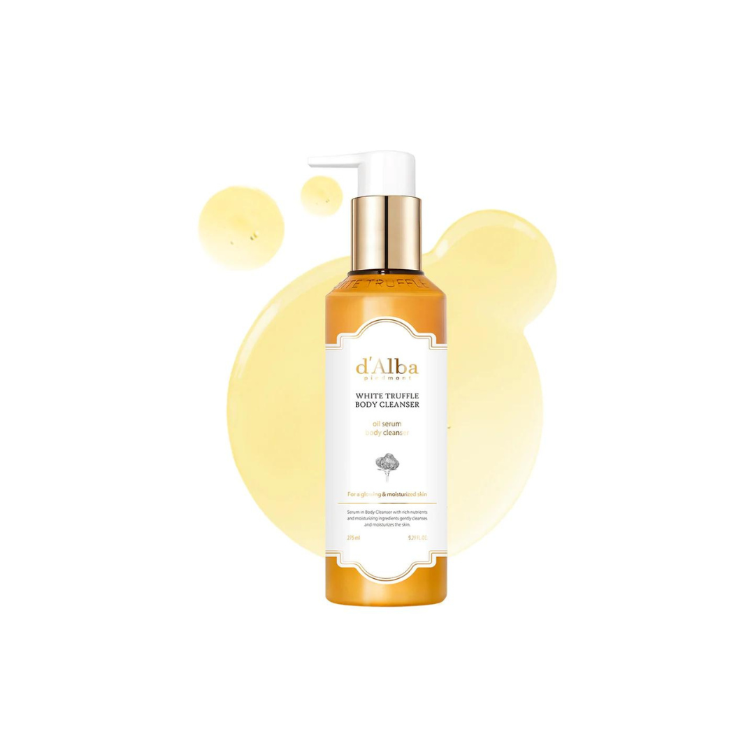 d'Alba White Truffle Oil serum body cleanser in a 275ml bottle, featuring a sleek white design with a pump dispenser.