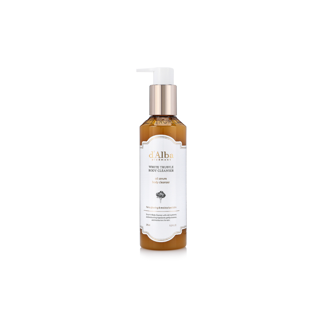 d'Alba White Truffle Oil serum body cleanser in 275ml bottle, featuring a white moisturizer and gentle scrub for smooth skin.
