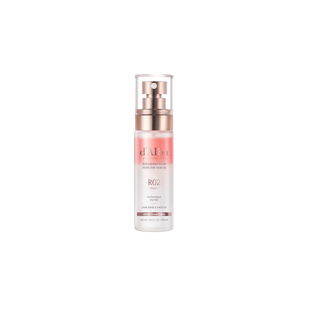 d'Alba professional repairing hair perfume serum bottle, 50ml, for hair styling and damage repair, with a sleek packaging design.