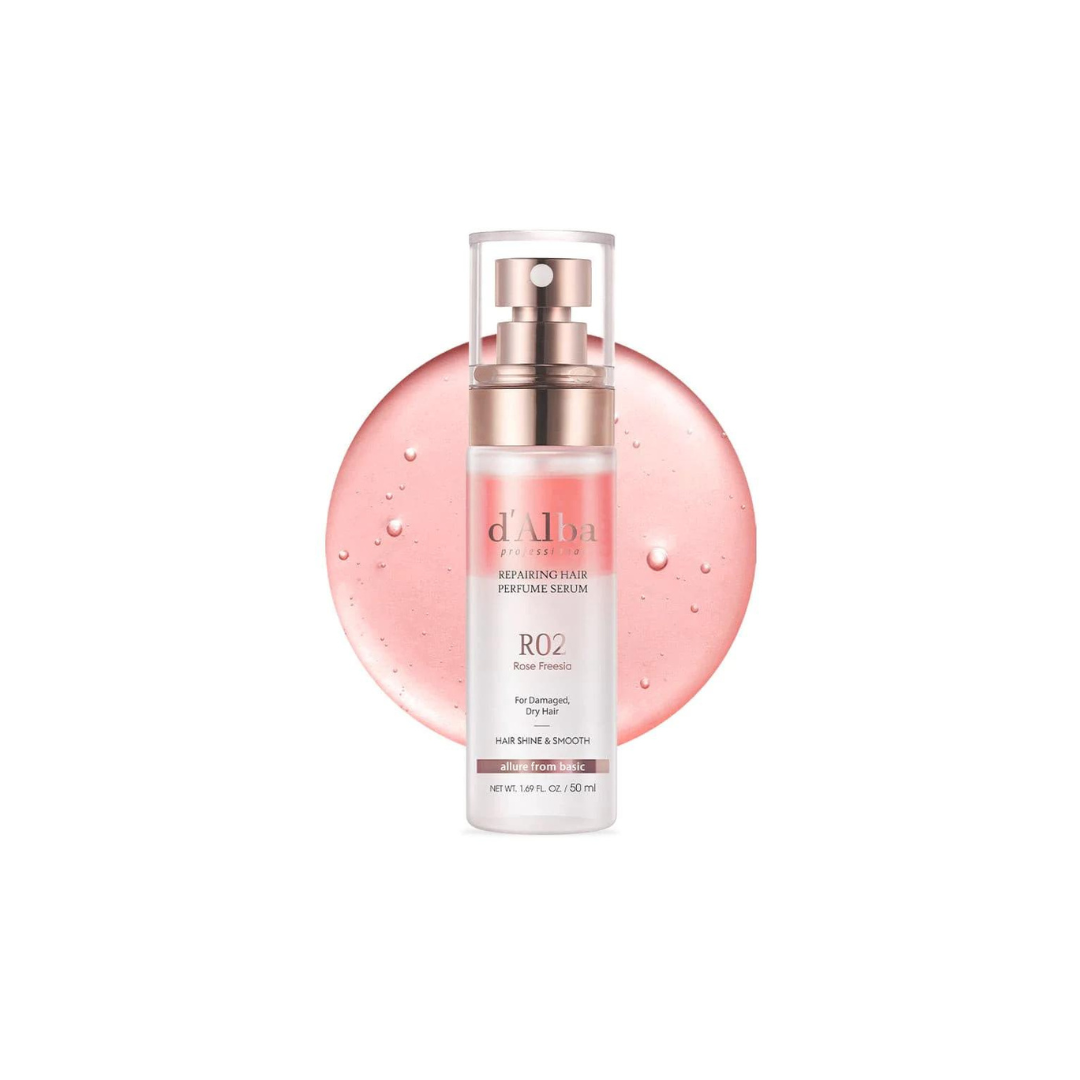 d'Alba professional repairing hair perfume serum 50ml, hair styling product with a sleek bottle and applicator for nourishing hair.