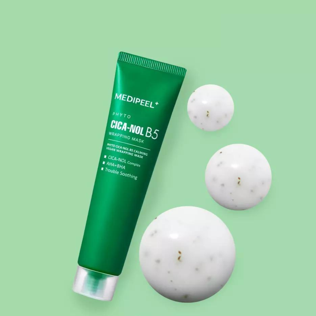 MEDIPEEL+ Phyto Cica-Nol B5 calming wash-off mask in a 70ml jar with a smooth, soothing cream texture and green and white packaging.