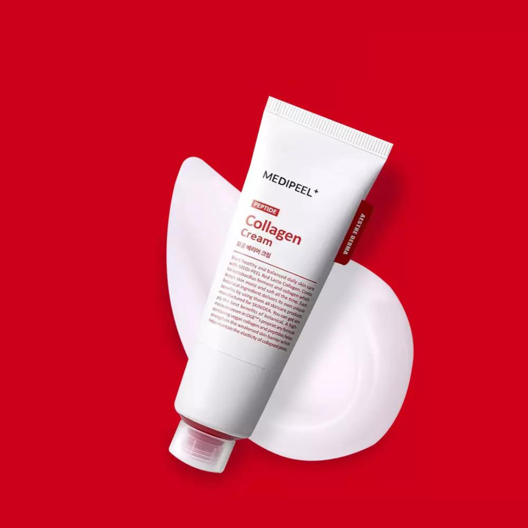 Red MEDIPEEL+ Lacto Collagen Barrier Cream 80ml face moisturizer jar with a smooth, hydrating cream inside.