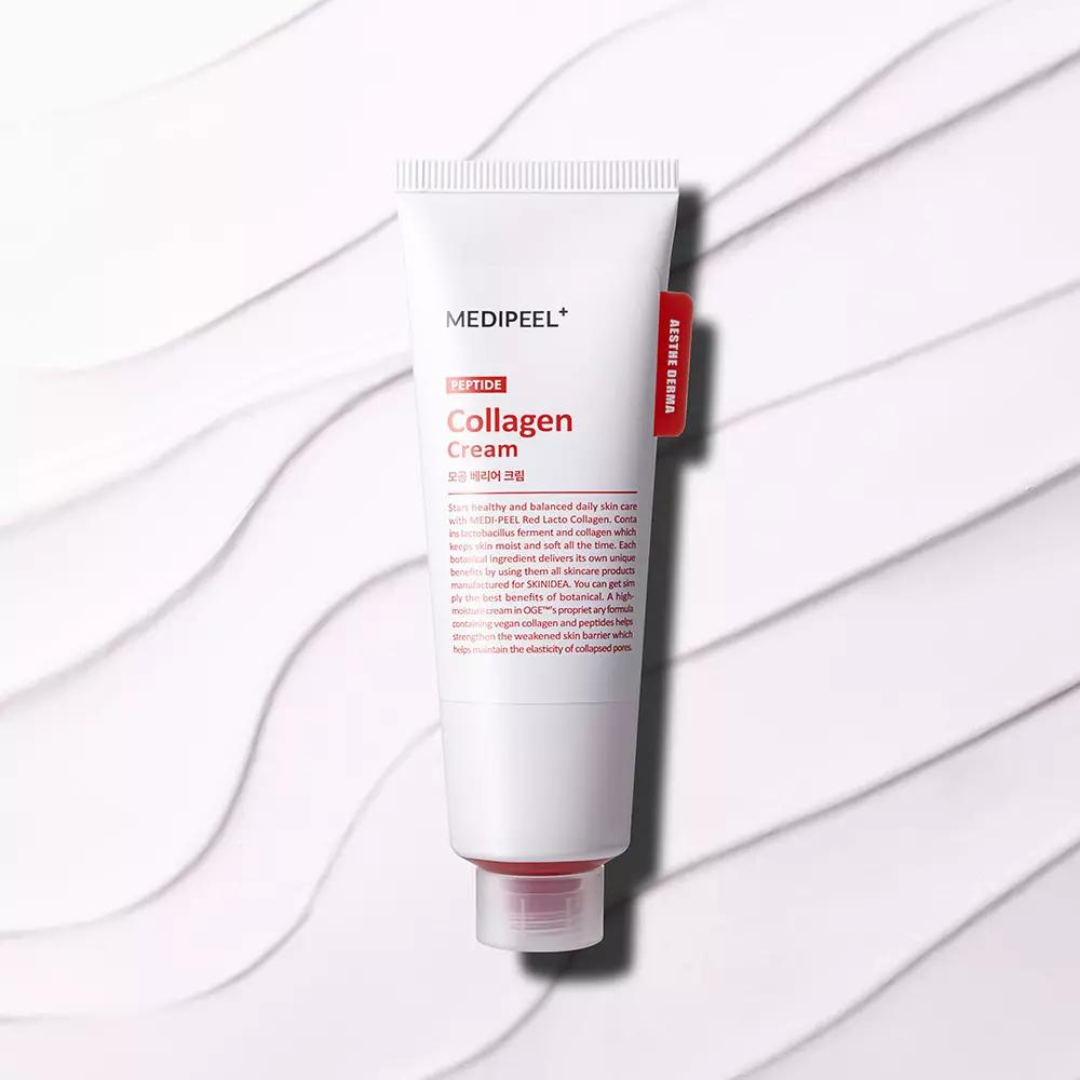 Red Lacto Collagen Barrier Cream by MEDIPEEL+ in 80ml jar, showing smooth, rich face moisturizer with red packaging.