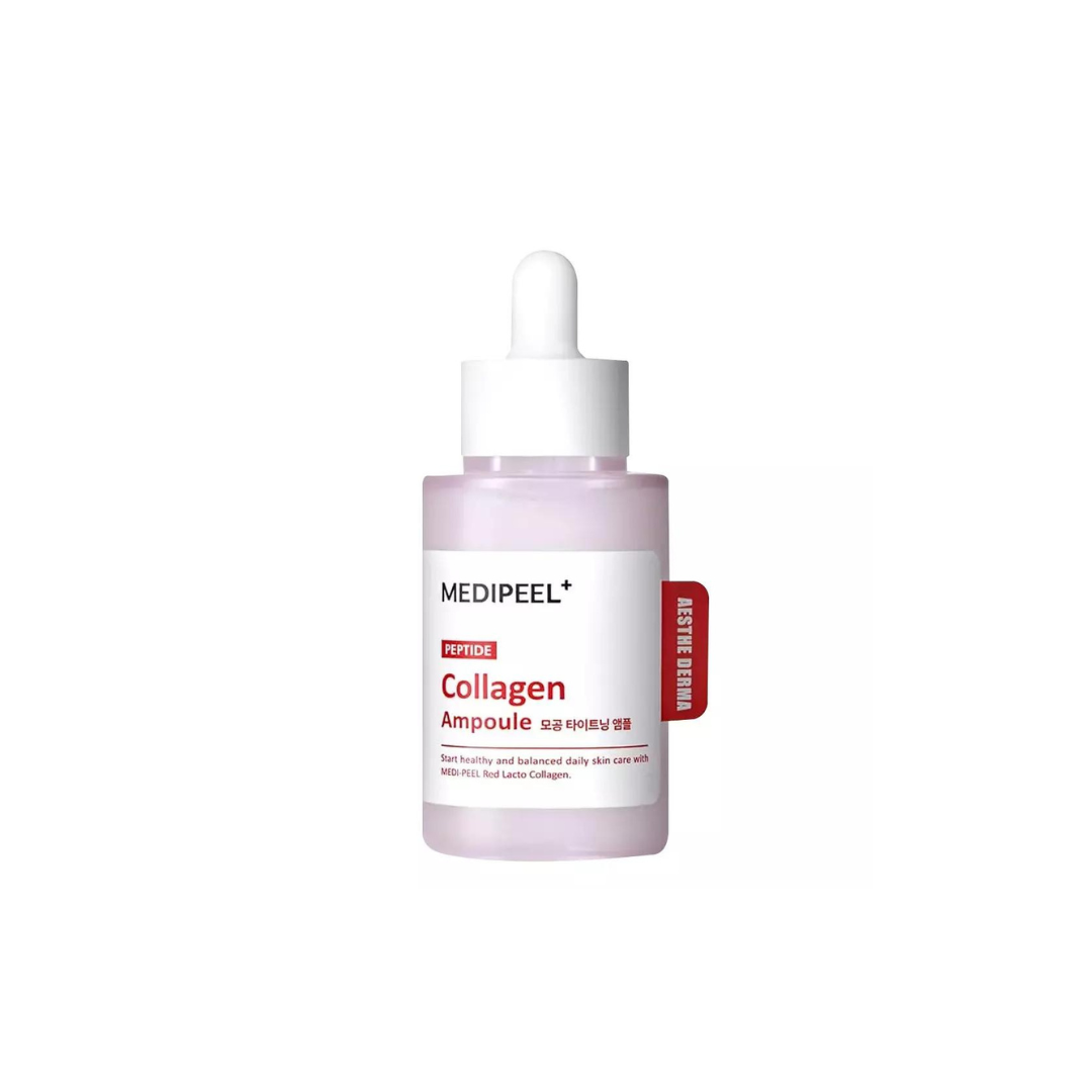 Red Lacto Collagen Tightening Ampoule by MEDIPEEL+ in a 50ml bottle, featuring a sleek red packaging and dropper applicator.