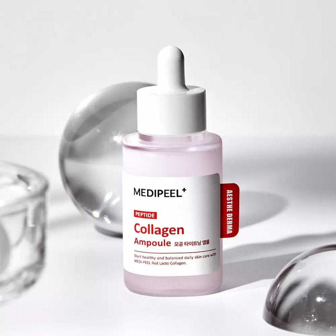 Red Lacto Collagen Tightening Ampoule by MEDIPEEL+ in a 50ml bottle, showcasing the ampoule's sleek packaging and vibrant red color.