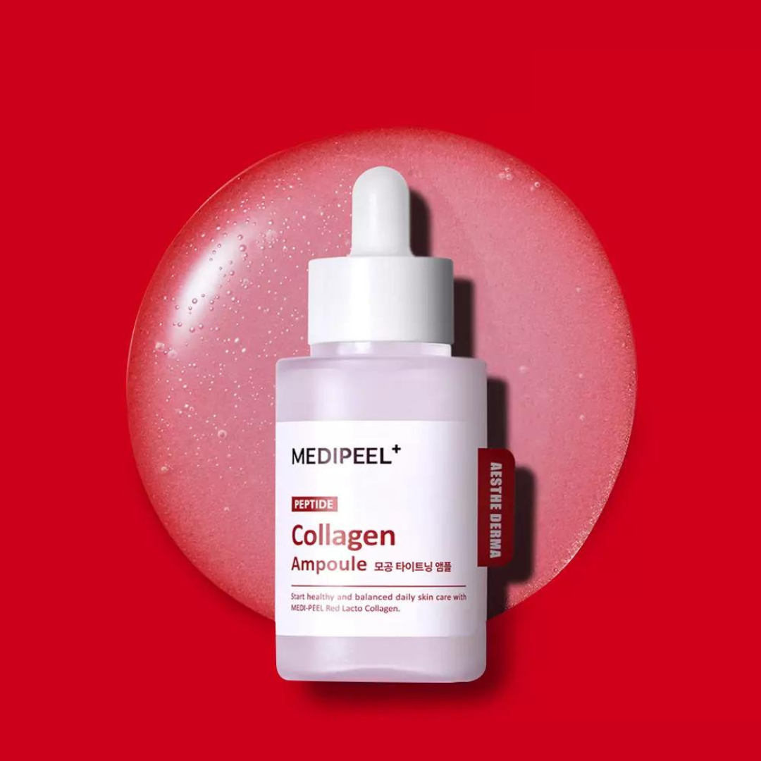Red MEDIPEEL+ Lacto Collagen Tightening Ampoule 50ml in a clear glass bottle with a dropper for facial skincare treatment.