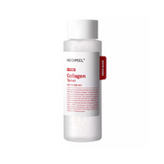 Red Lacto Collagen Soothing Essence Toner by MEDIPEEL+ in a 200ml bottle, shown with a clear, soothing liquid and minimalist packaging.