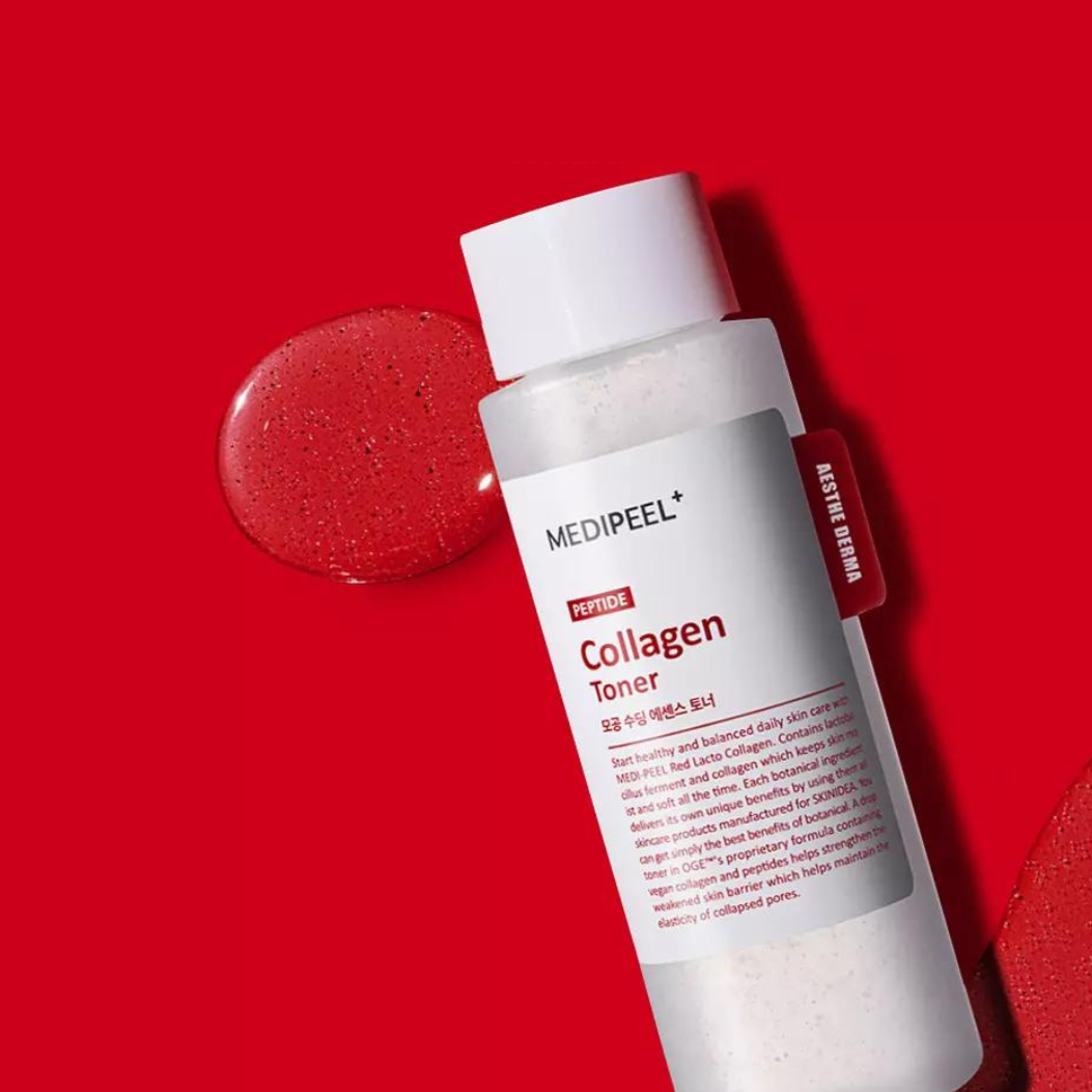 Red Lacto Collagen Soothing Essence Toner by MEDIPEEL+ in a clear 200ml bottle, showcasing the soothing skincare product.