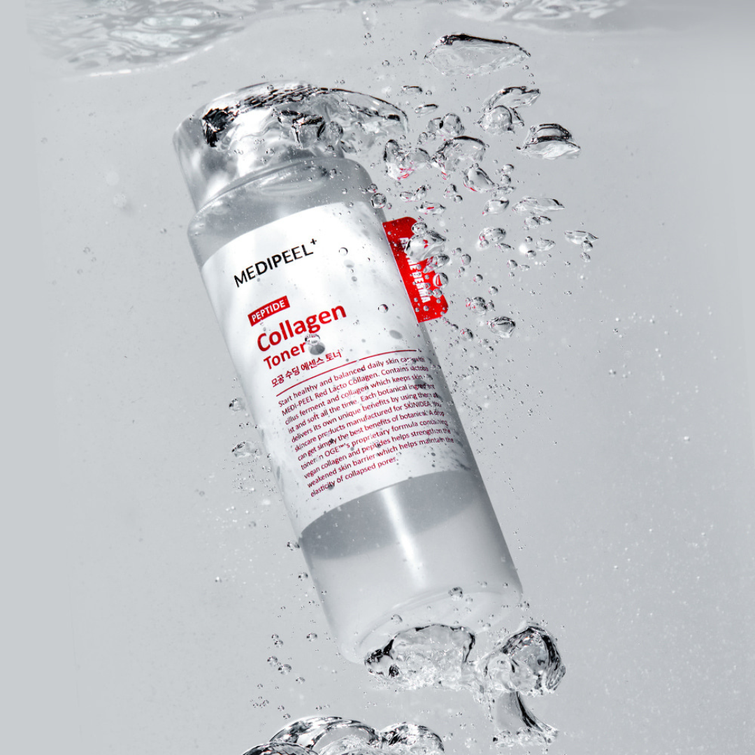 Red Lacto Collagen Soothing Essence Toner from MEDIPEEL+ in a 200ml bottle, showing the clear liquid and elegant packaging.