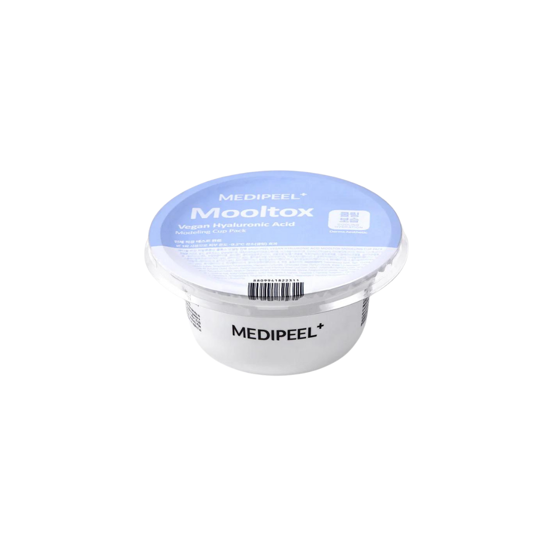 Vegan Hyaluronic Acid Mooltox Modeling Mask pack in 28g by MEDIPEEL+ showing the product packaging and mask application.