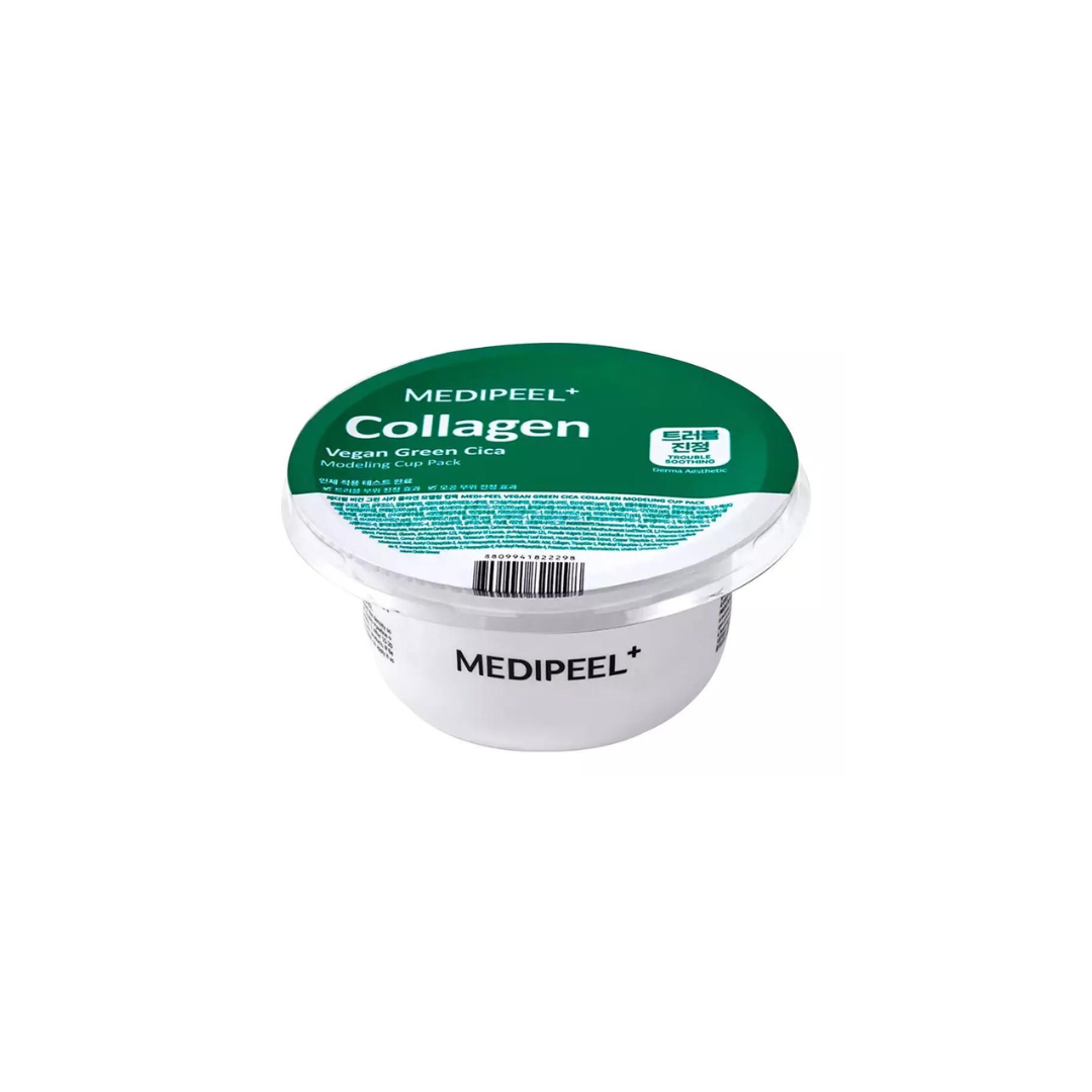Vegan Green Cica Collagen Modeling Mask pack by MEDIPEEL+ in a 28g container, featuring a green-colored modeling mask.