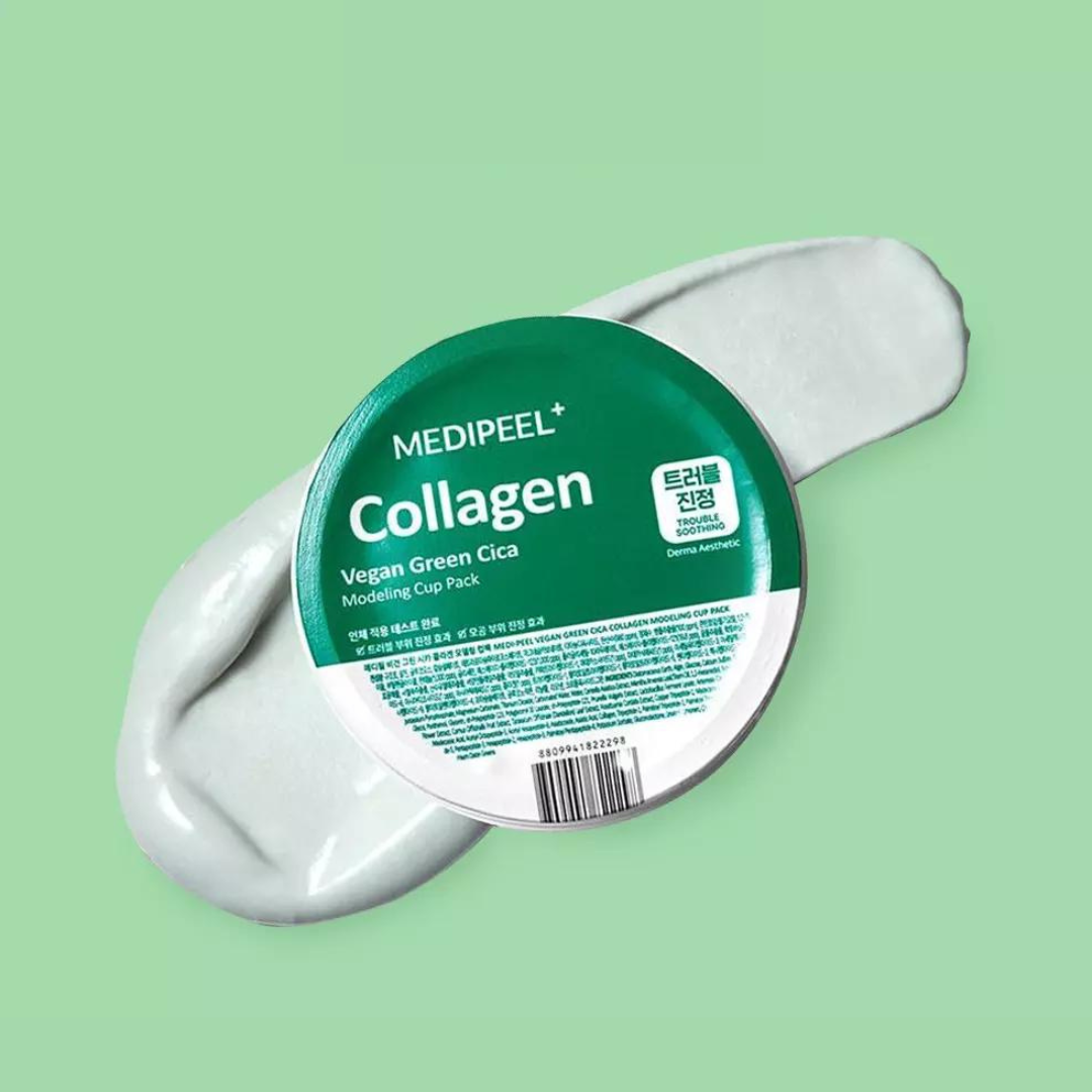 Vegan Green Cica Collagen Modeling Mask Cup from MEDIPEEL+ with green and white packaging, designed for skincare treatment.