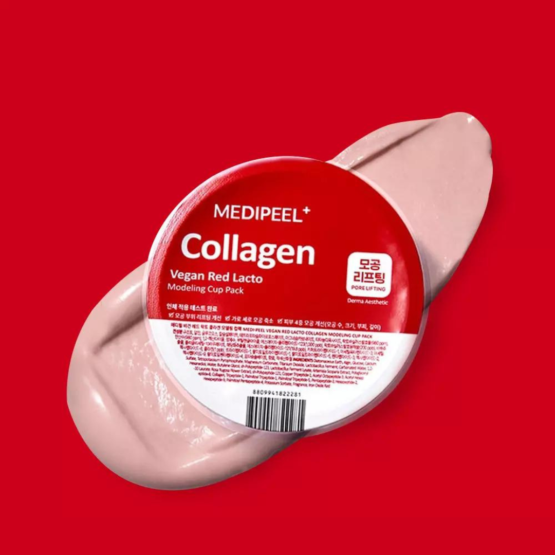 Vegan Red Lacto Collagen Modeling Mask pack by MEDIPEEL+ with a 28g container and mask cup for facial skincare.