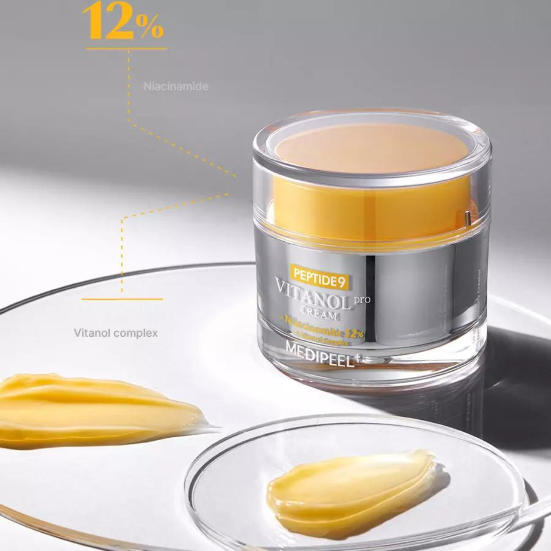 Medipeel+ Peptide 9 Vitanol Face Moisturiser cream in 50g jar, shown with smooth, creamy texture and clean packaging.
