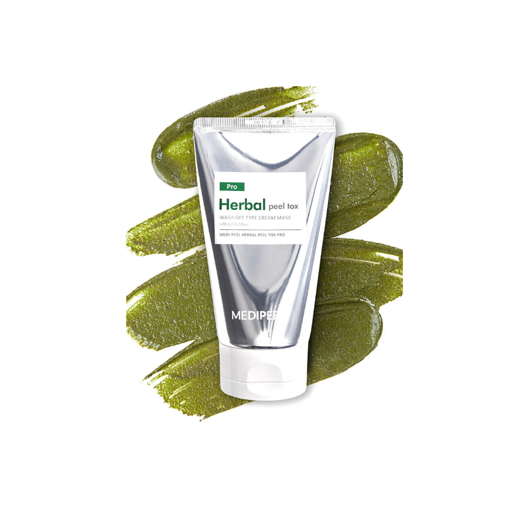 Herbal Peel Tox Pro wash-off mask by MEDIPEEL+ in a 120g jar, featuring herbal ingredients for skin detox and renewal.