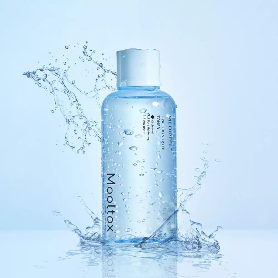 MEDIPEEL+ Hyaluronic Acid Layer Mooltox Toner in 300ml bottle, clear liquid toner with a minimalist label and pump dispenser.