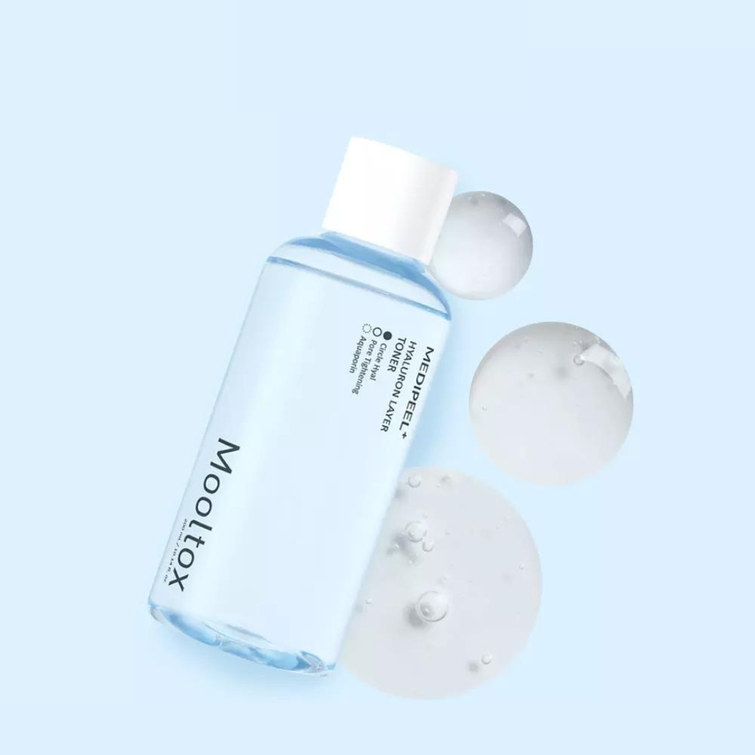 MEDIPEEL+ Hyaluronic Acid Layer Mooltox Toner 300ml bottle with clear label and splash of liquid, skincare product for hydration.