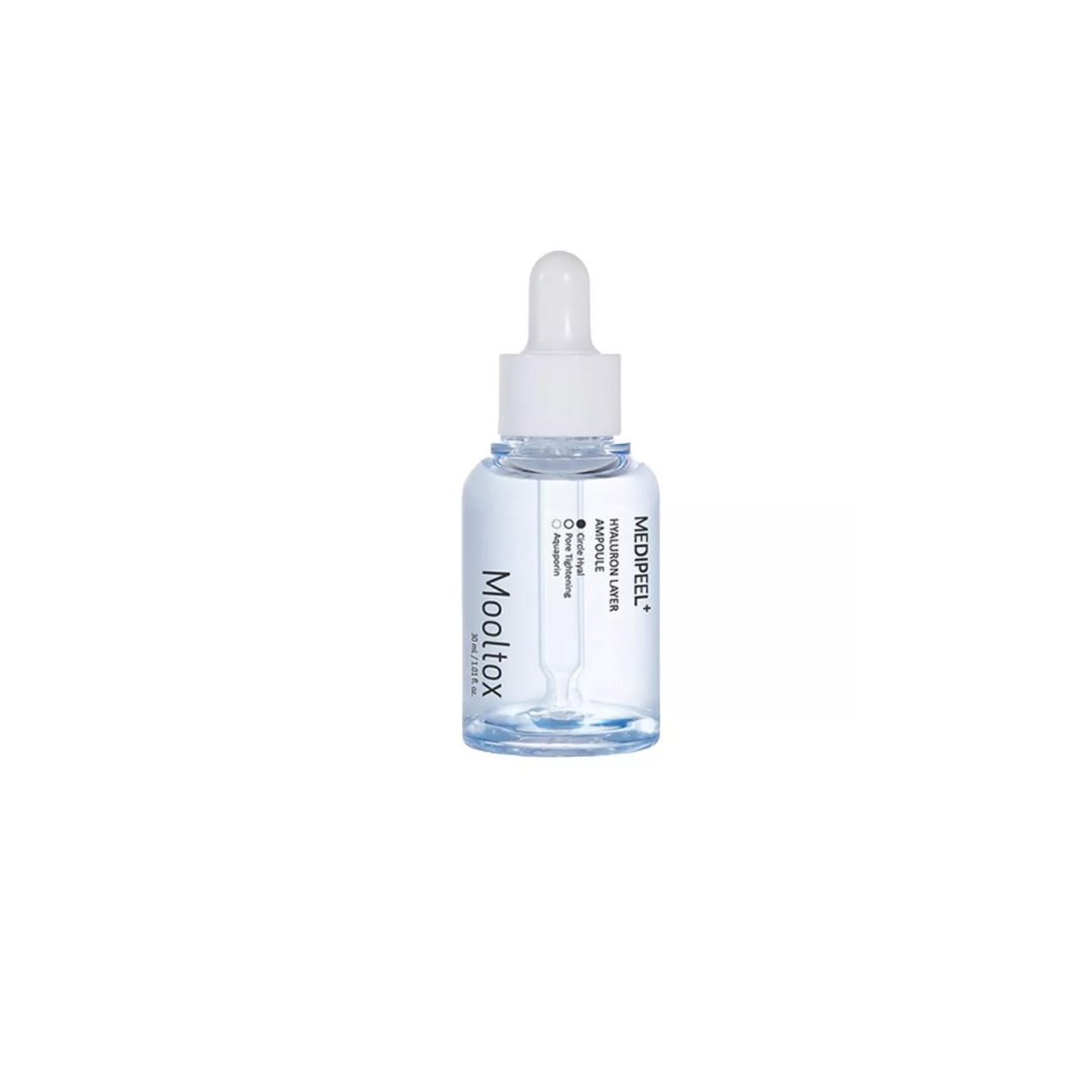 MEDIPEEL+ Hyaluronic Acid Layer Mooltox Ampoule 30ml bottle with clear liquid and label detailing skincare benefits