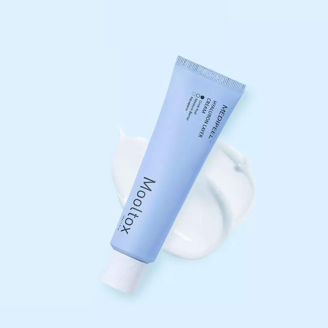 MEDIPEEL+ Hyaluronic Acid Layer Mooltox Cream 50g face moisturizer with hydrating, smooth texture in a white jar.
