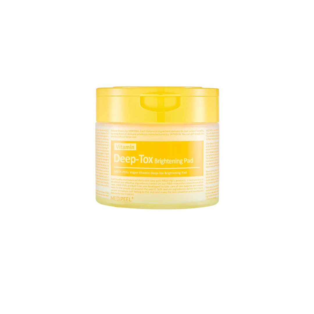 Vegan Vitamin Deep-Tox Brightening Toner Pads by MEDIPEEL+, showing a stack of 70 brightening exfoliating pads.