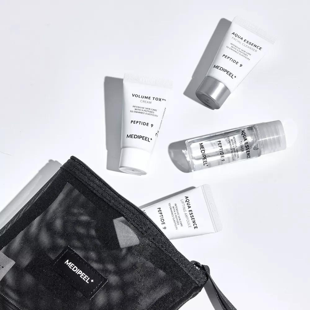 MEDIPEEL+ Peptide 9 Aqua Essence Trial Kit with 20ml and 15ml bottles, skincare set for hydration and skin repair