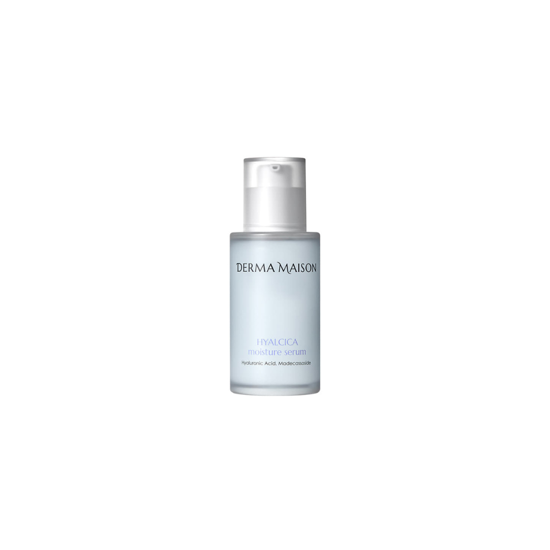 Dropper bottle of Derma Maison Hyalcica Moisture Serum with clear label and glass dropper, showcasing the hydrating skincare product.