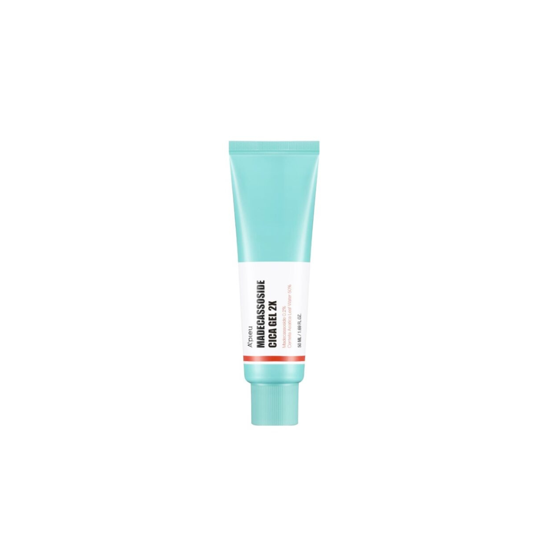 A'pieu Madecassoside Cica Gel 2X face moisturizer in 50ml tube, featuring soothing cica and madecassoside ingredients.