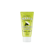 A'pieu Fresh Mate Basil Hydrating Wash-off Mask in a 50ml jar with fresh basil leaves and a creamy green mask inside.