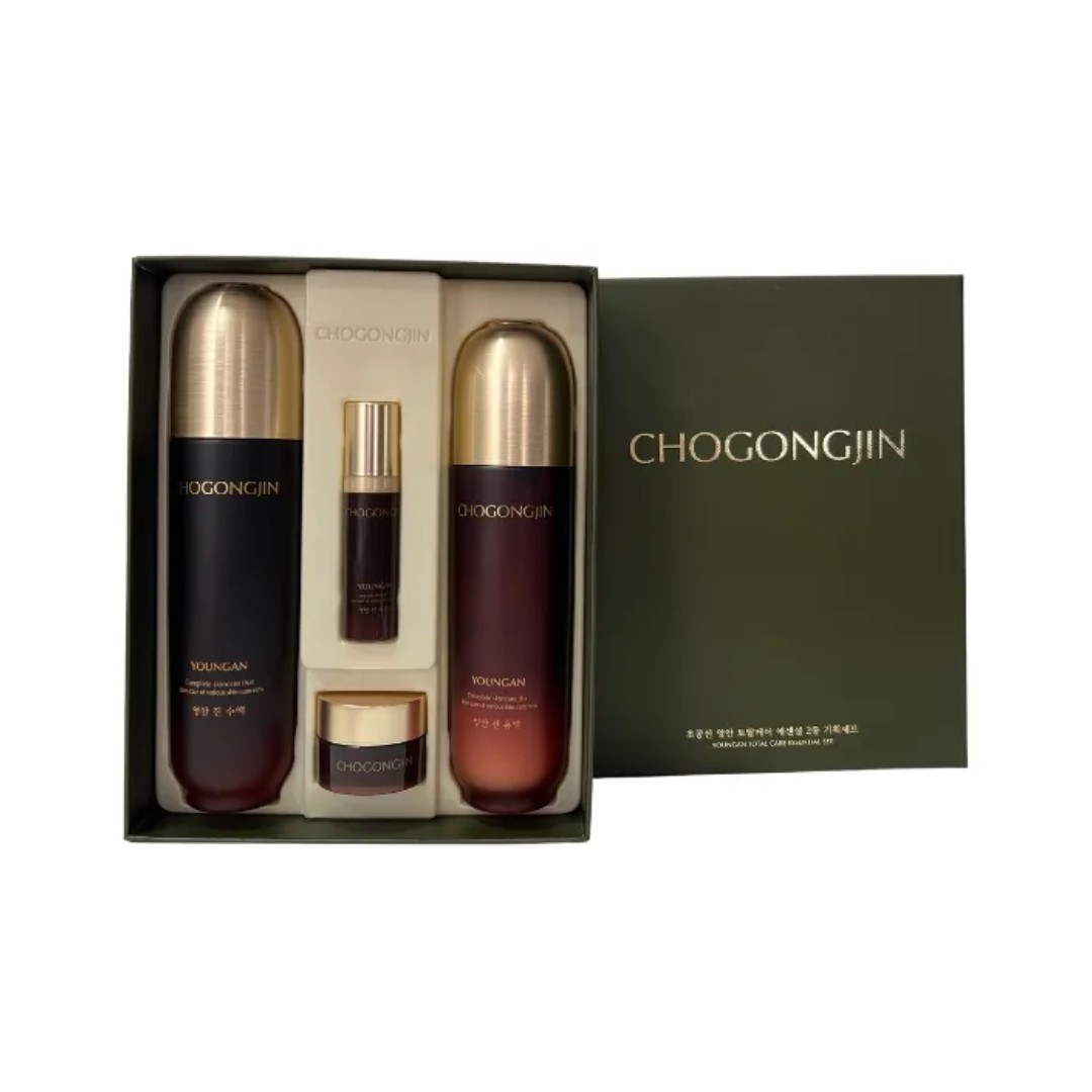 Chogongjin Youngan Total Care Essential Skincare Set with two products, featuring bottles of skincare essentials and packaging.