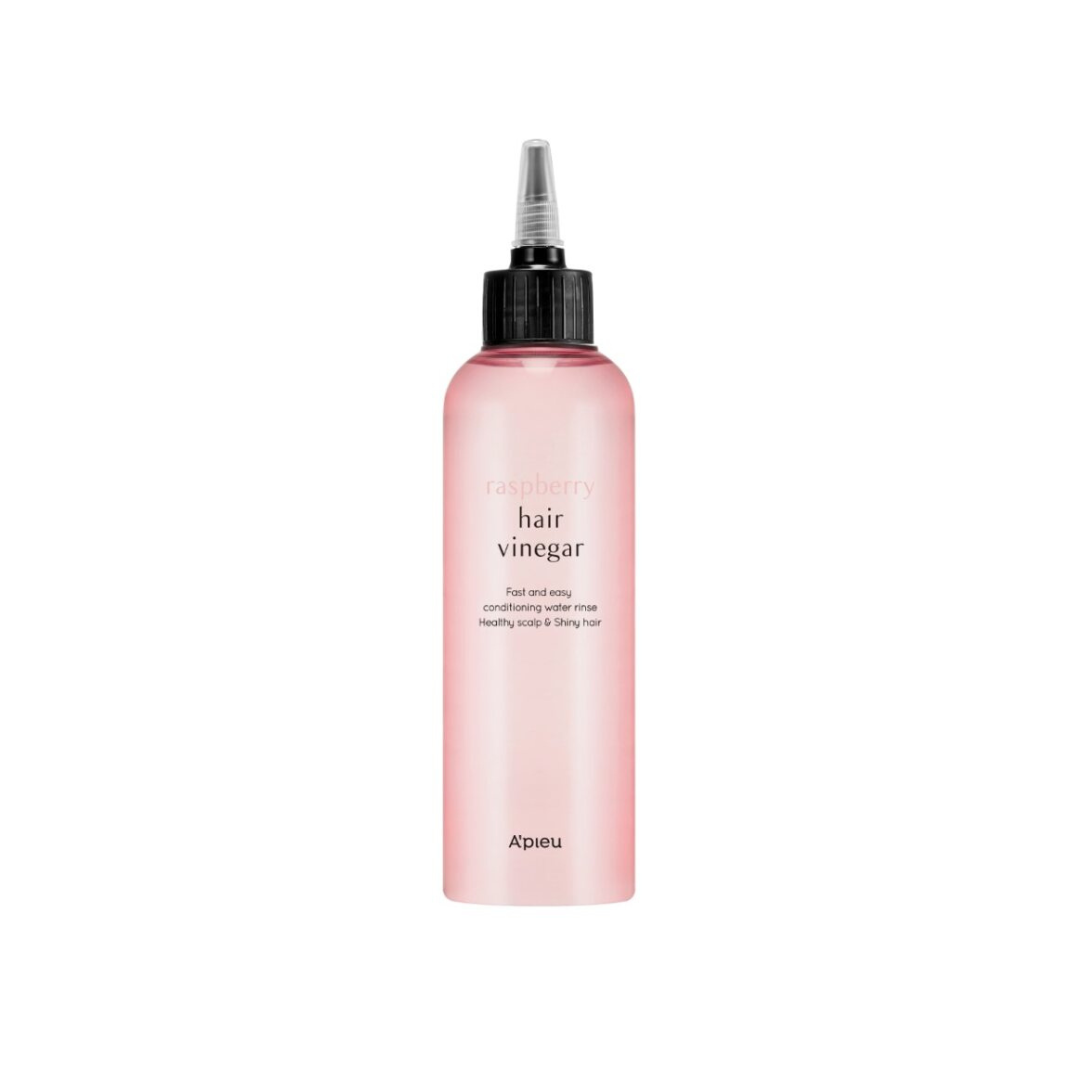 A'pieu Raspberry Hair Vinegar 200ml conditioner treatment bottle with raspberry-themed design and product label.