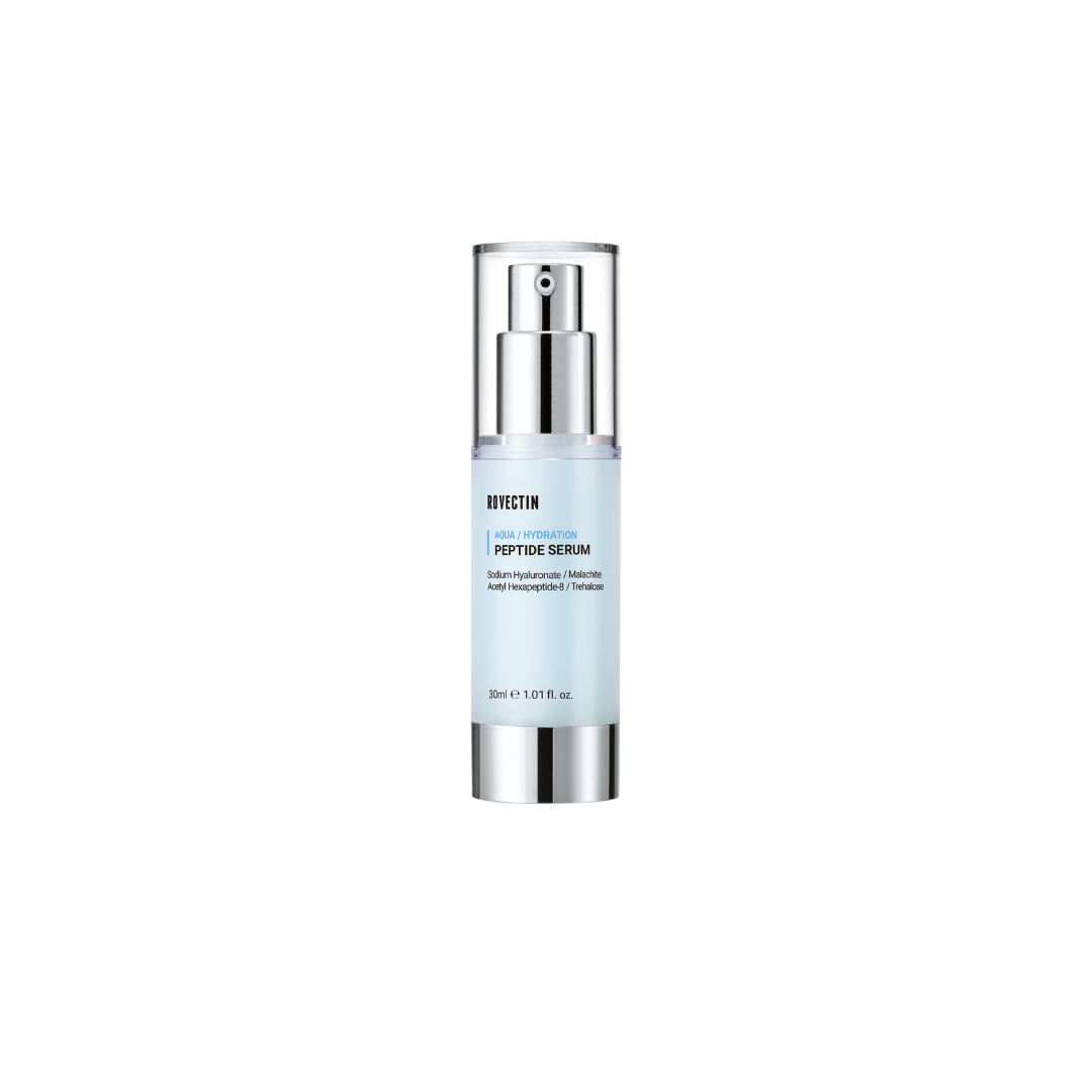 Rovectin Aqua Peptide Serum 30ml bottle, clear serum with a dropper, showcasing hydration and skincare benefits