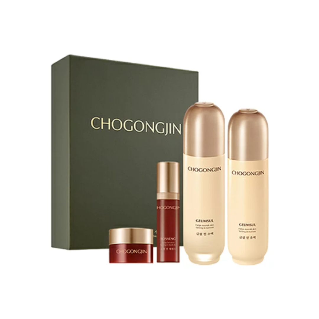 Chogongjin Geumsul Skin Care Set 2-piece with skincare bottles and jars on a neutral background.