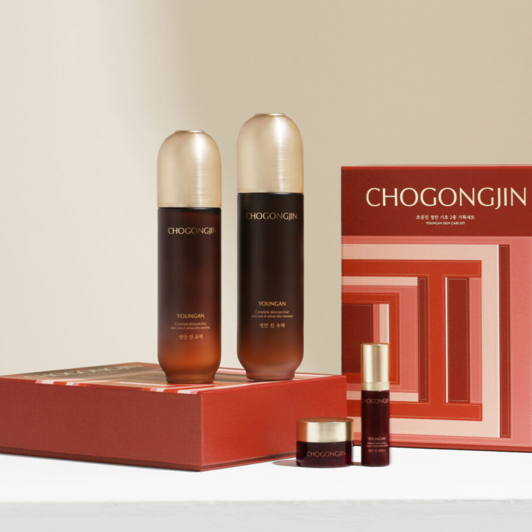 Youngan Total Care Essential Skincare Set by Chogongjin with two essential skincare products in sleek packaging.