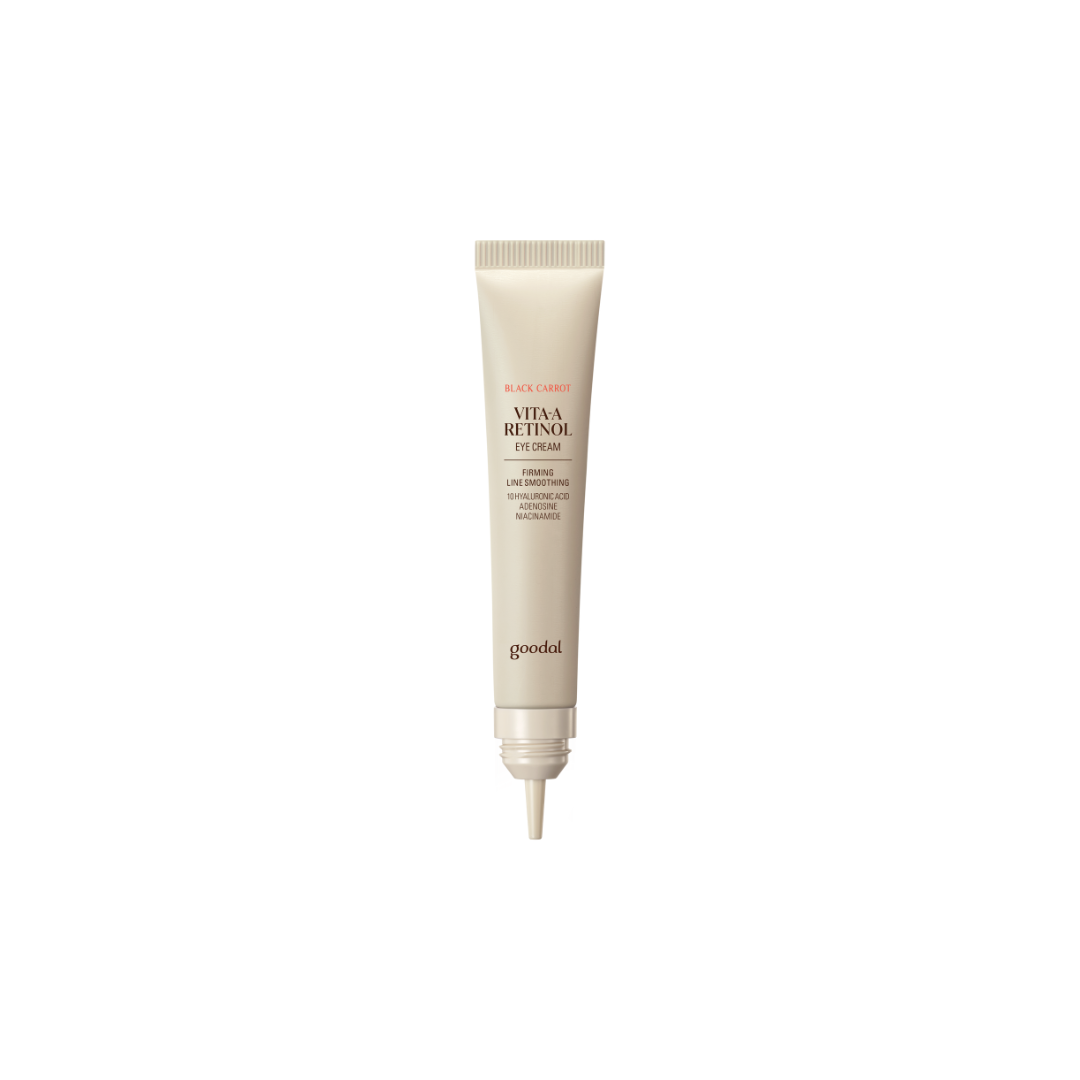 Goodal Black Carrot Vita-A Retinol Firming Eye Cream in 30ml jar, showing smooth, creamy eye care formula with black carrot extract.