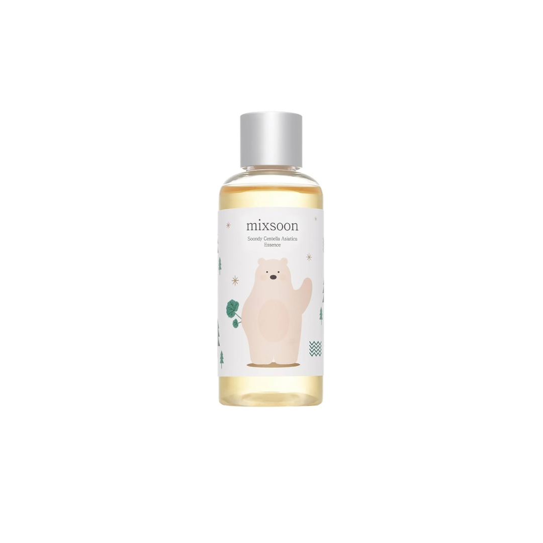 Bottle of Mixsoon Soondy Centella Asiatica Essence 100ml with clear label and green herbal accents, displayed on a white background.