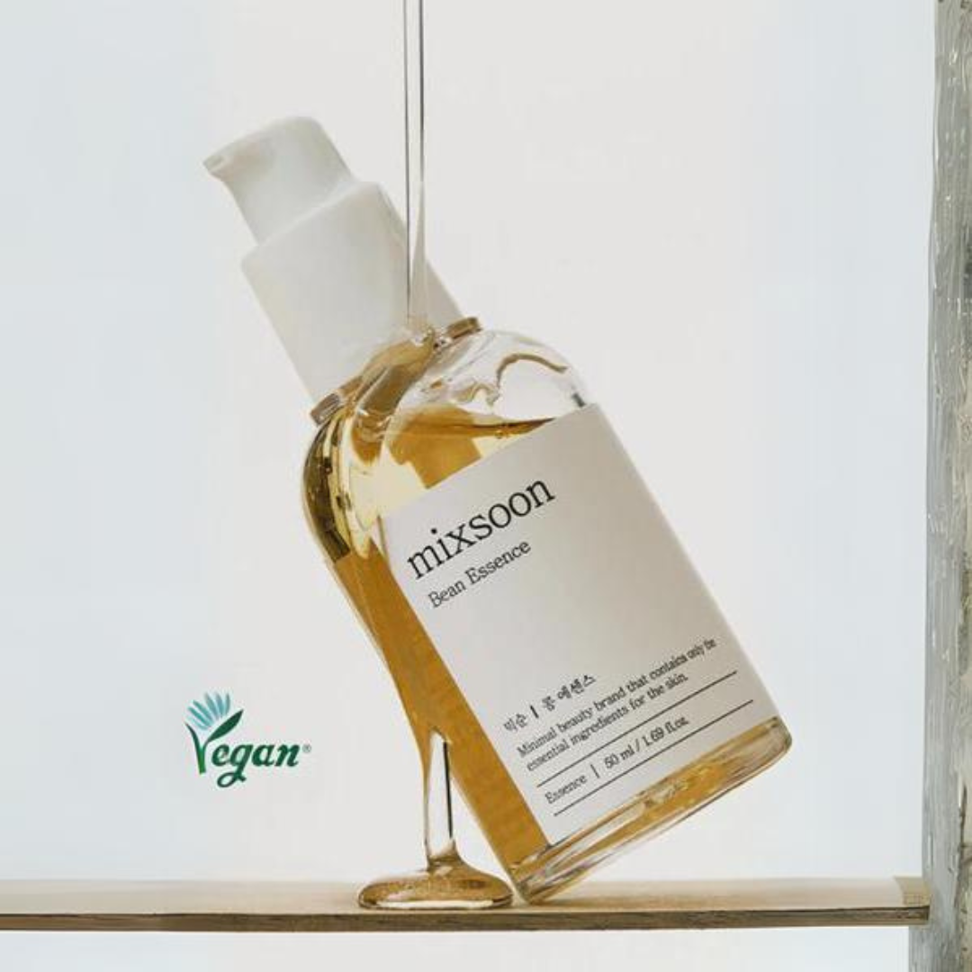 Mixsoon Bean Essence 50ml bottle, clear glass with white label, showing product inside and brand logo on the packaging.