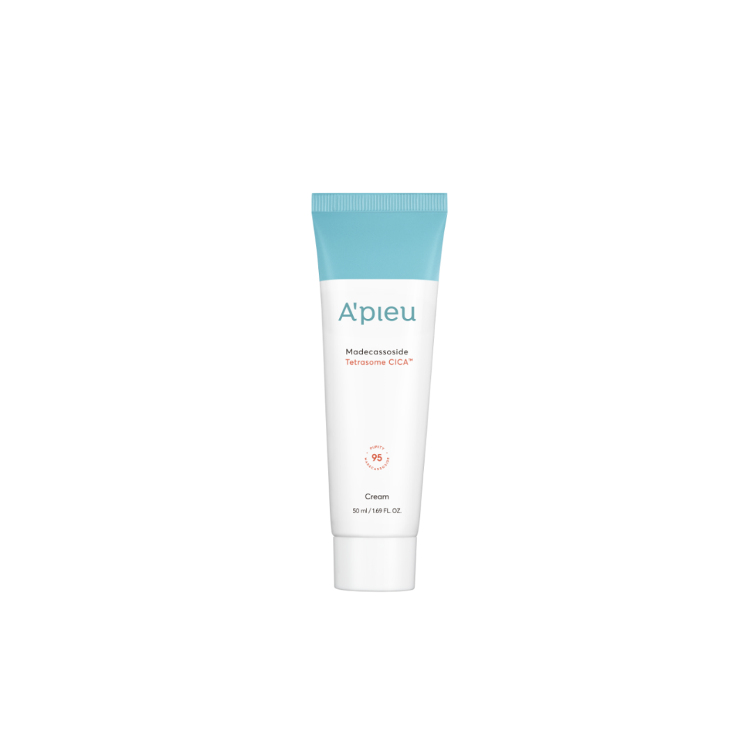 A'pieu Madecassoside Tetrasome Cica Cream 50ml face moisturizer jar with green and white packaging, showing the product label.
