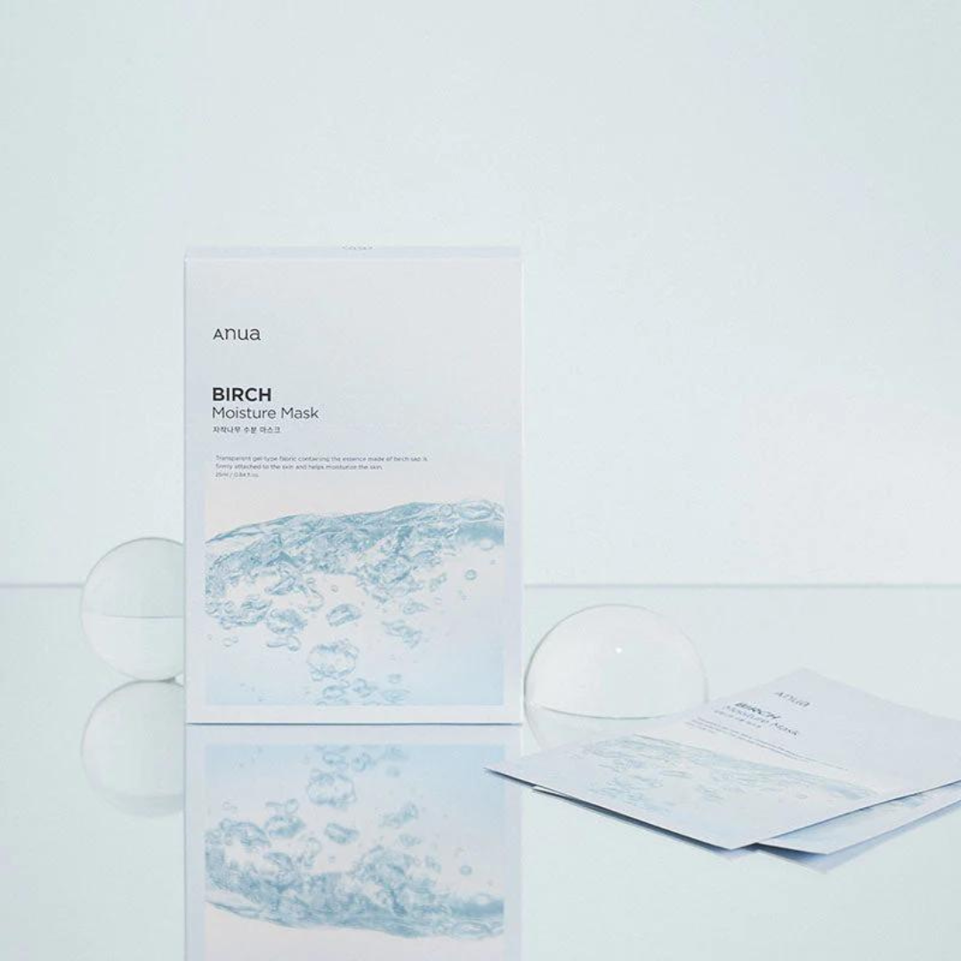 Anua Birch Moisture Sheet Mask showing a soothing sheet mask with birch extract for hydration and skincare.
