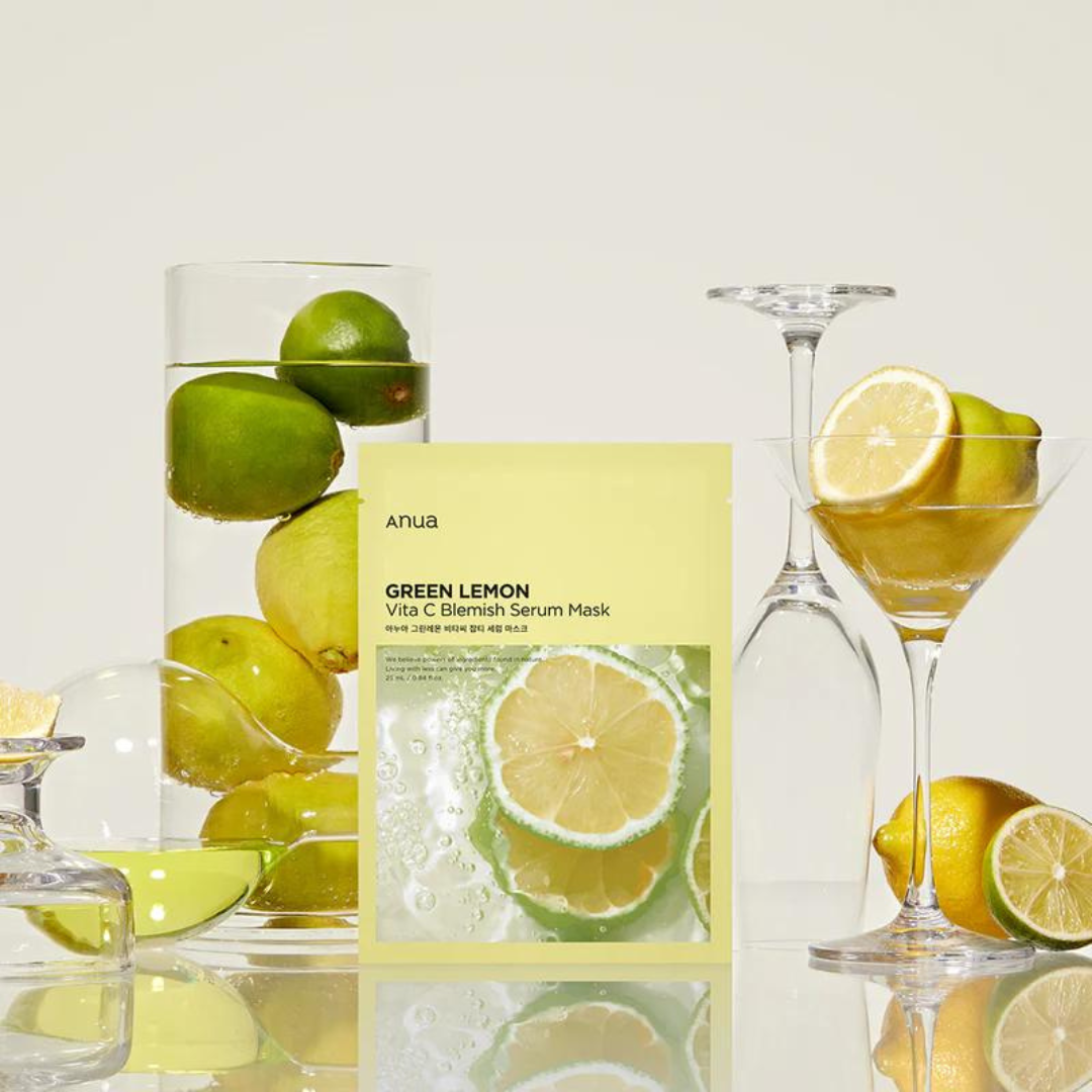 Anua Green Lemon Vita C Blemish Serum Sheet Mask, fresh green lemon design, showcasing the hydrating and brightening skincare treatment.