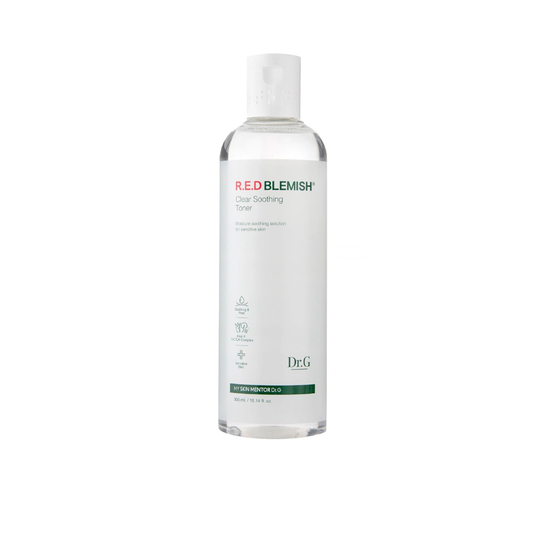 Red Blemish Clear Soothing Toner by Dr. G in a 300ml bottle, featuring a clear liquid and minimalist packaging.
