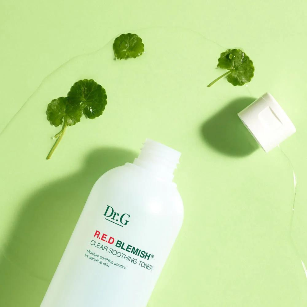 Dr. G Red Blemish Clear Soothing Toner in a 300ml bottle, designed to calm skin and reduce blemishes.