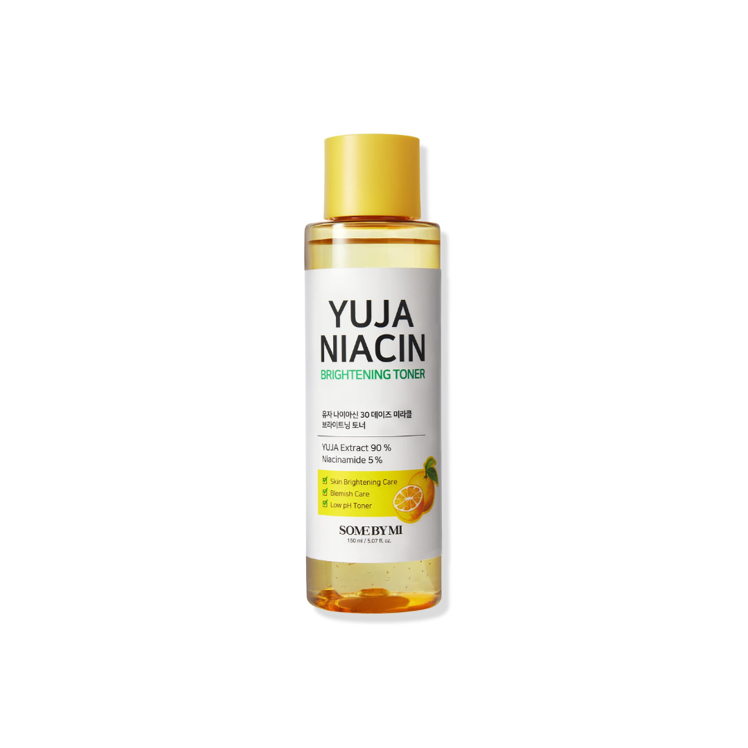 Some By Mi Yuja Niacin brightening toner in a 150ml bottle, featuring a clear liquid with a citrus label and white cap.