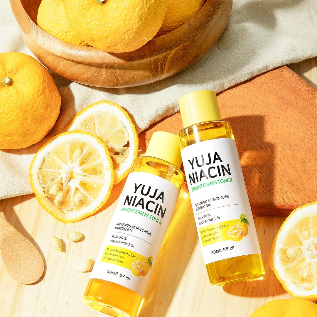 Some By Mi Yuja Niacin brightening toner in 150ml bottle, showcasing the clear liquid and product packaging.