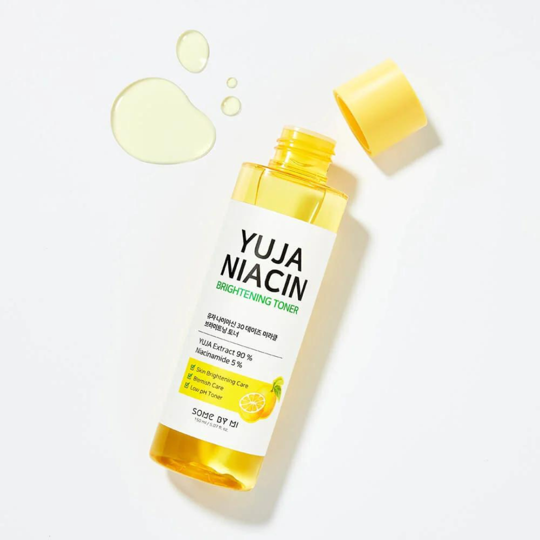 Some By Mi Yuja Niacin brightening toner bottle with 150ml, showing the product label and clear liquid inside.