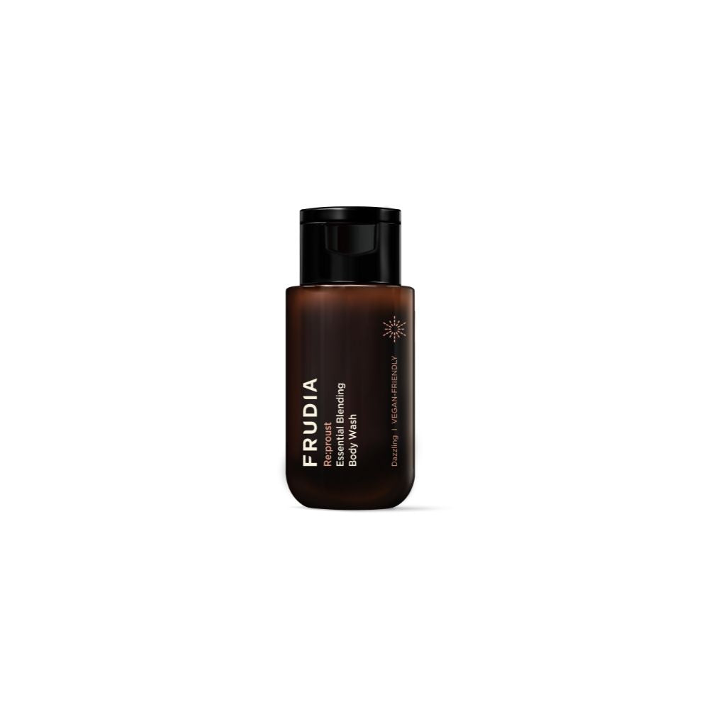 Frudia Re:proust Essential Blending Dazzling Mini 50ml body wash and scrub with bright, refreshing formula in a compact bottle.