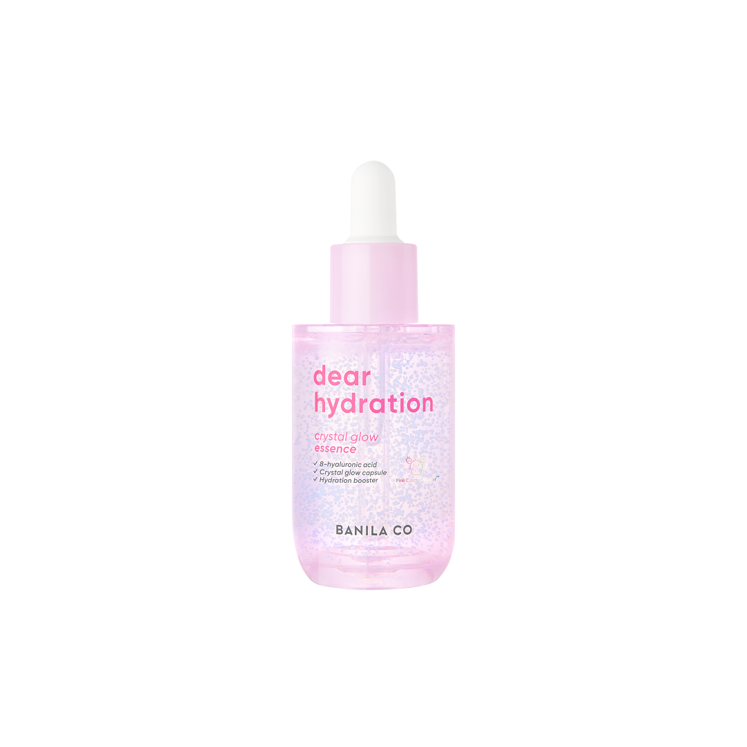 Banila Co Dear Hydration Crystal Glow Essence bottle with clear label and 50ml size, featuring a sleek, transparent design.