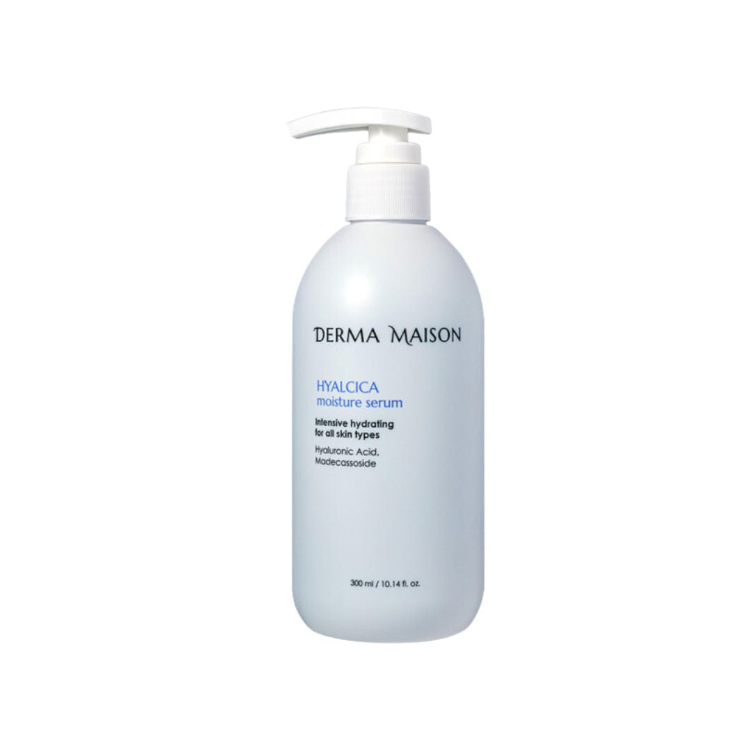 Derma Maison Hyalcica Moisture Serum bottle showing clear serum inside, designed for hydrating and nourishing the skin.